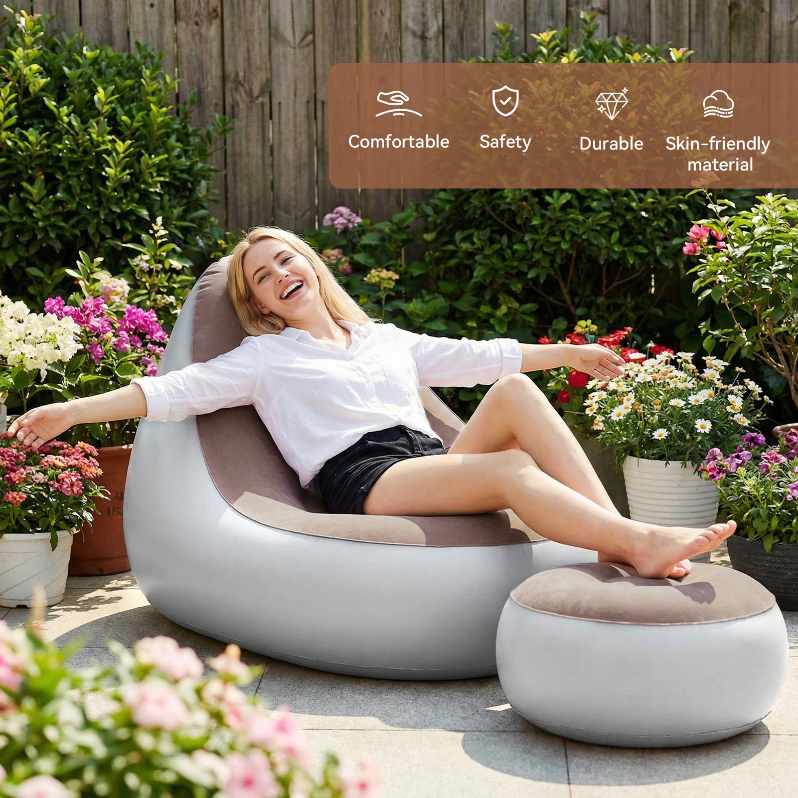 Outdoor Furniture Lounge - Fauteuil gonflable avec repose-pieds floqué, imperméable,